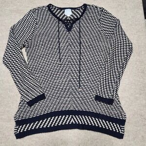 Sunday Knit Sweater Tunic Womens XL Blue White Long Sleeve Lace Up